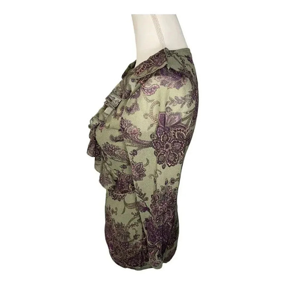 Chaps Women’s Small Green & Purple Mesh Ruffle V Neck Floral Print Top - Picture 2 of 4